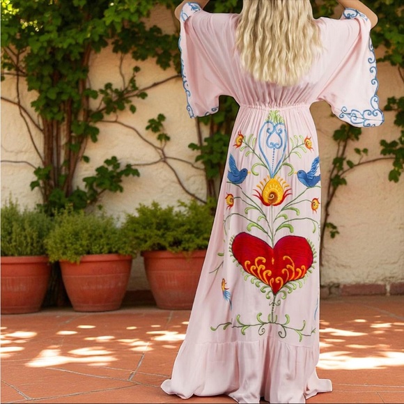 Boho Embroidered Pink Maxi Dress with Bell Sleeves - Picture 4 of 13